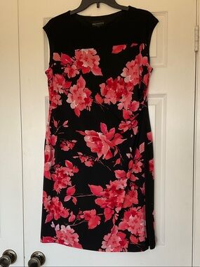 NWT connected apparel Black Midi Dress with Pink Floral Print size 14P